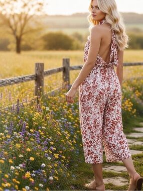 NWT MORRISDAY Orange Floral Burnt Summer Jumpsuit Halter Neck Cropped Wide Leg S